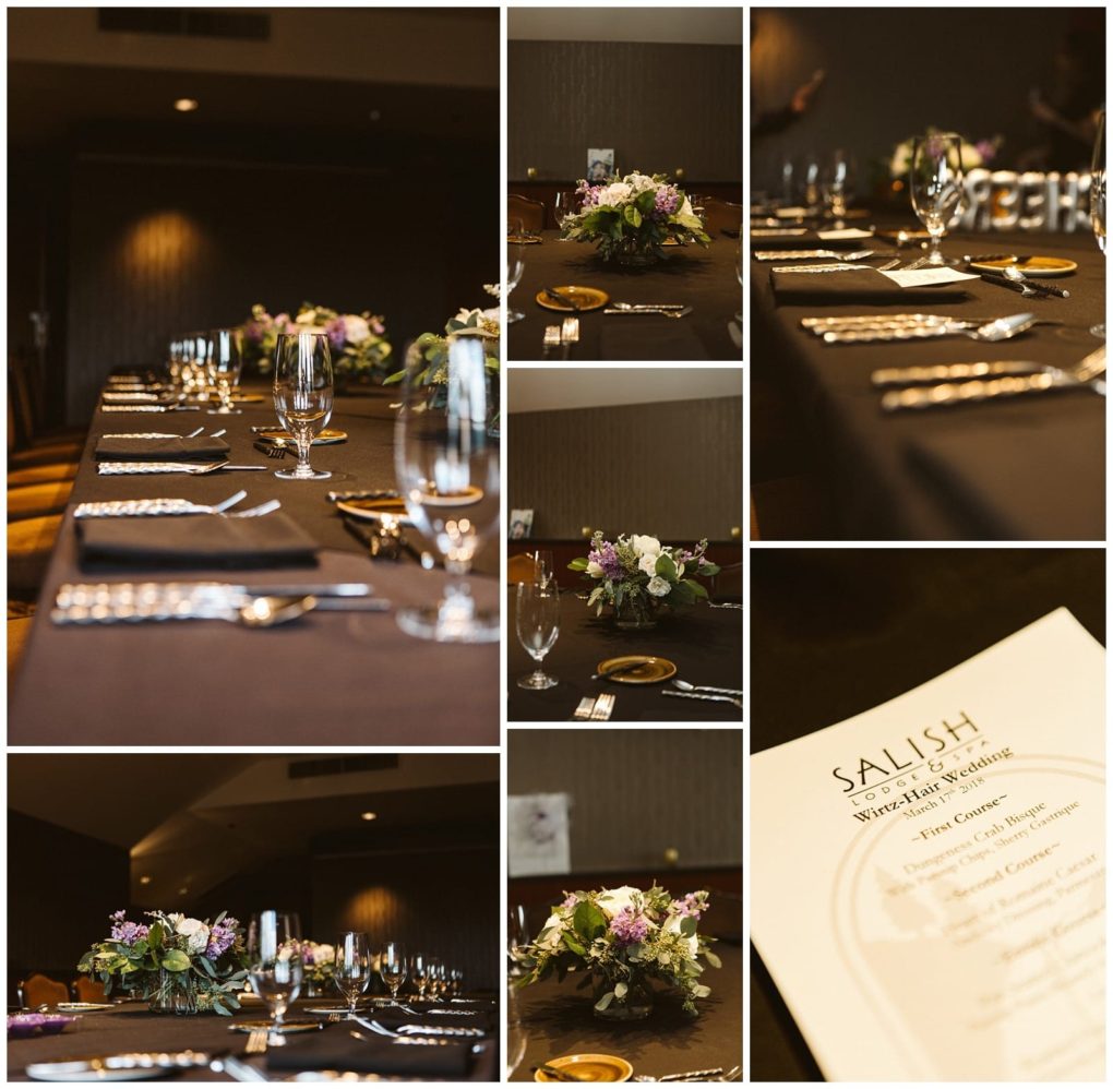 Premier snohomish & seattle wedding photographer | gsquared weddings photography a collage of elegant table settings for a snohomish seattle wedding event featuring a black tablecloth floral centerpieces neatly arranged silverware glassware and a printed salish lodge wedding menu | serving snohomish seattle                   & beyond