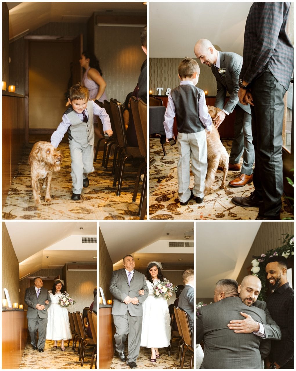 Premier snohomish & seattle wedding photographer | gsquared weddings photography a collage of snohomish wedding moments a boy leads a dog down the aisle the dog greets two men a bride with a bouquet walks with two men and a man receives a warm embrace during the ceremony | serving snohomish seattle                   & beyond