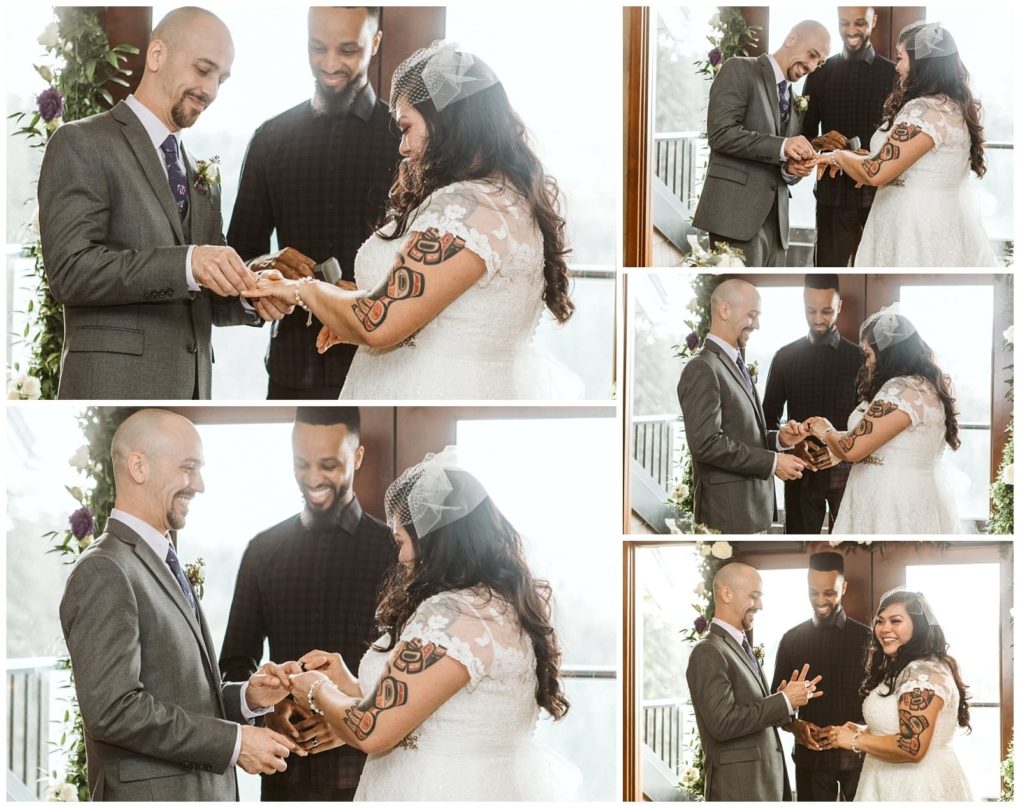 Premier snohomish & seattle wedding photographer | gsquared weddings photography a collage of five snohomish wedding photos shows a bride and groom exchanging rings and smiling with an officiant behind them The bride wears a white dress and veil while the groom is in a gray suit | serving snohomish seattle                   & beyond