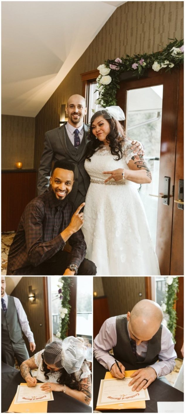 Premier snohomish & seattle wedding photographer | gsquared weddings photography a bride in a white dress and veil poses with her groom and a guest all smiling at their snohomish wedding In the next images the bride and groom sign a marriage certificate at their beautifully decorated indoor ceremony | serving snohomish seattle                   & beyond