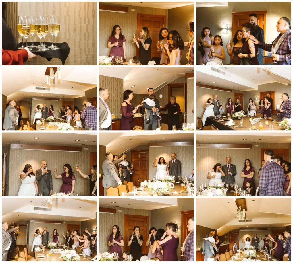 Premier snohomish & seattle wedding photographer | gsquared weddings photography a collage of photos shows people in formal attire celebrating indoors toasting with champagne and smiling around a decorated dining table at a snohomish seattle wedding engagement party | serving snohomish seattle                   & beyond