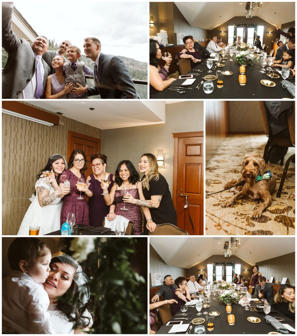 Premier snohomish & seattle wedding photographer | gsquared weddings photography a collage of snohomish wedding moments guests taking a selfie people dining at a long table a group celebrating with drinks a dog in a bowtie the bride kissing a child and joyful toasts at an elegantly set table | serving snohomish seattle                   & beyond
