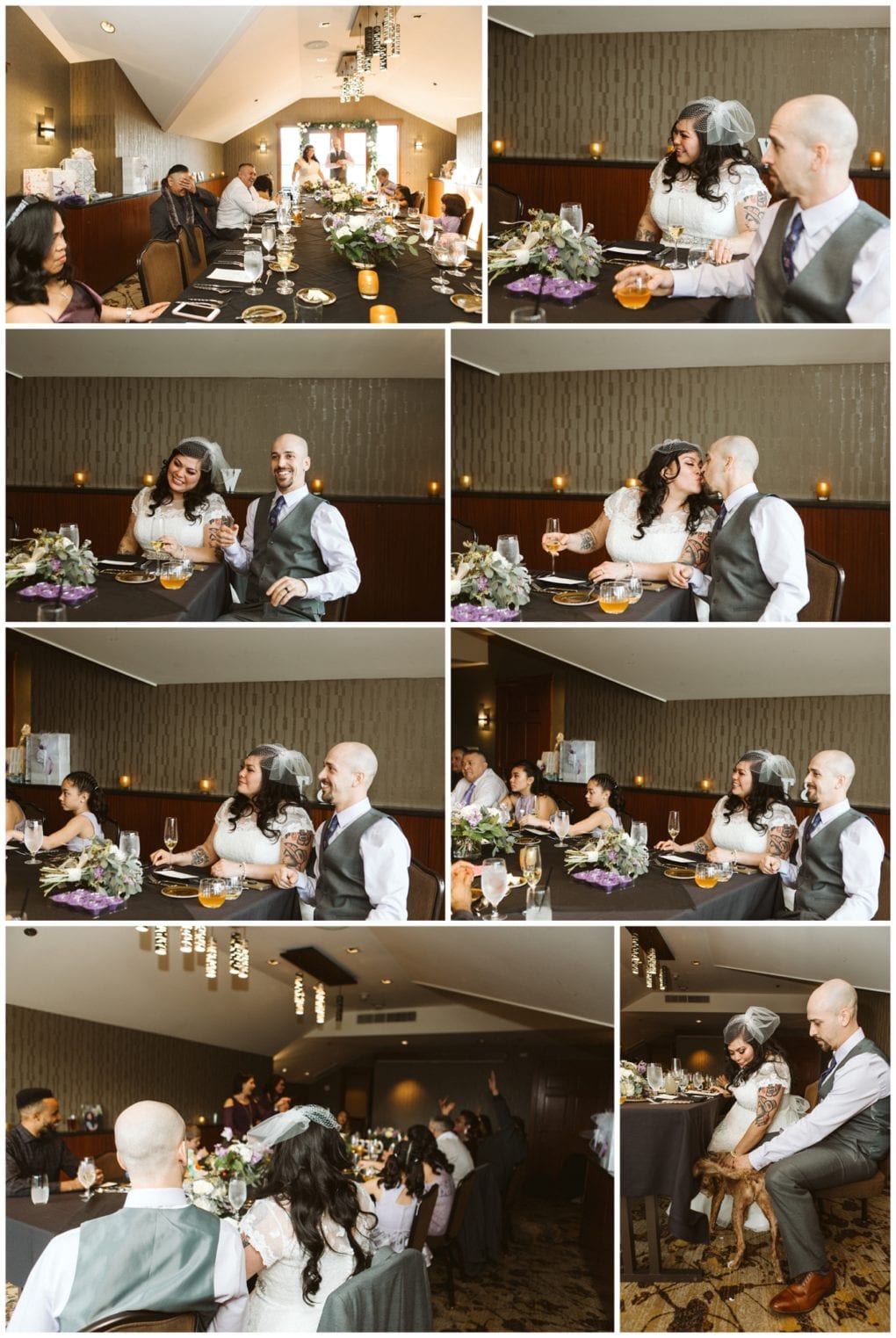 Premier snohomish & seattle wedding photographer | gsquared weddings photography a small snohomish wedding reception with guests seated at a long table the bride and groom smile toast kiss and share joyful moments The bride plays with a dog amid elegant décor in this intimate seattle celebration | serving snohomish seattle                   & beyond