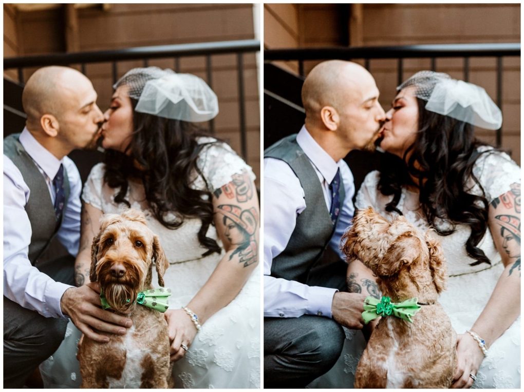 Premier snohomish & seattle wedding photographer | gsquared weddings photography a bride and groom kiss while sitting on stairs in their wedding attire at a snohomish seattle wedding Their brown dog sporting a green bow sits in the foreground looking at the camera The photo is captured from two slightly different angles | serving snohomish seattle                   & beyond
