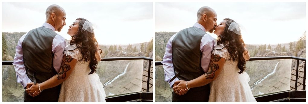 Premier snohomish & seattle wedding photographer | gsquared weddings photography a bride and groom stand close together on a balcony overlooking a scenic snohomish landscape with trees and a waterfall In the left image they gaze at each other in the right they share a kiss while holding hands behind their backs | serving snohomish seattle                   & beyond