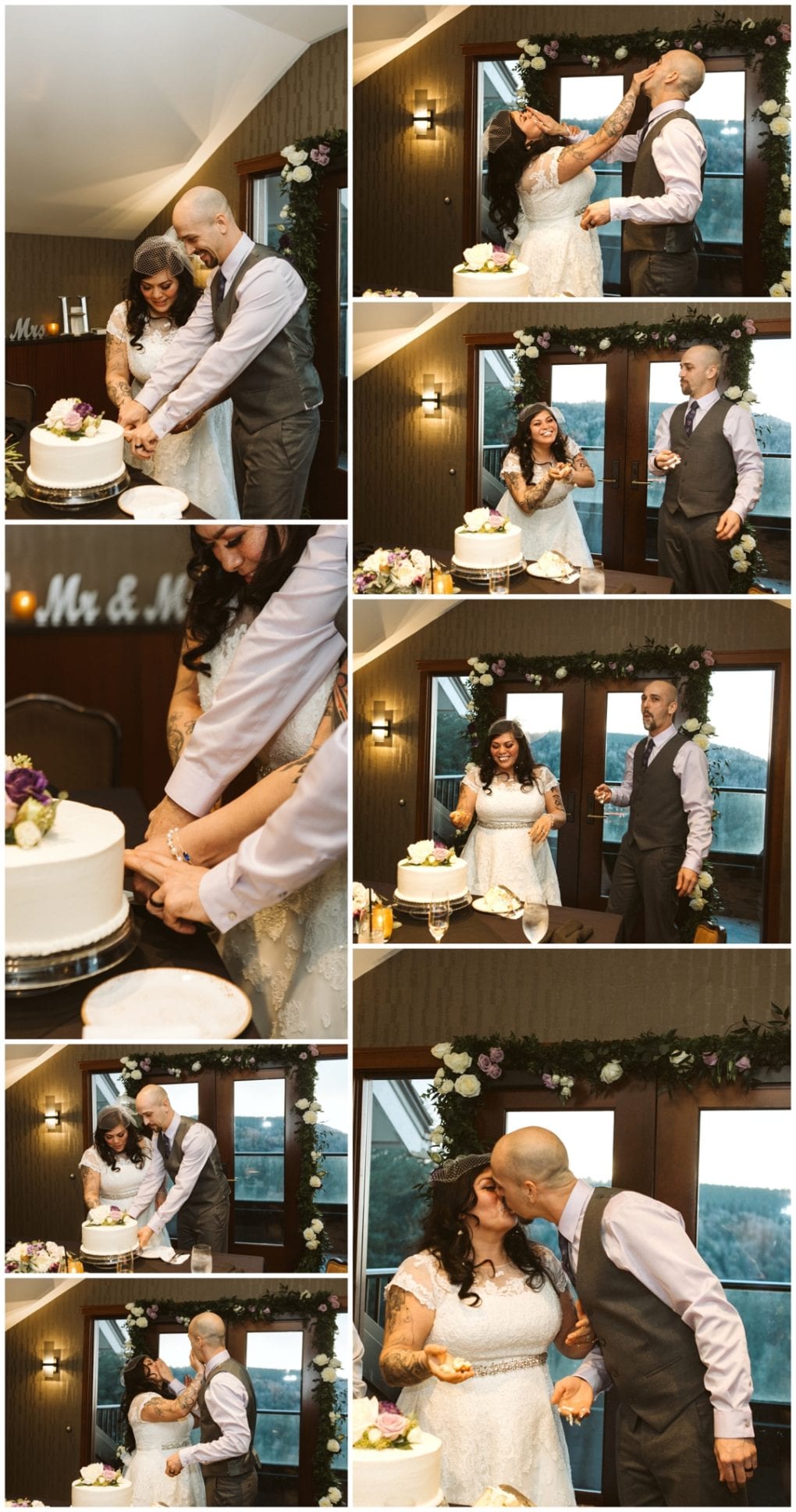 Premier snohomish & seattle wedding photographer | gsquared weddings photography a snohomish bride and groom cut their wedding cake together feed each other cake laugh and share a kiss in a warmly lit room decorated with flowers and greenerycapturing the joy of a seattle wedding engagement | serving snohomish seattle                   & beyond
