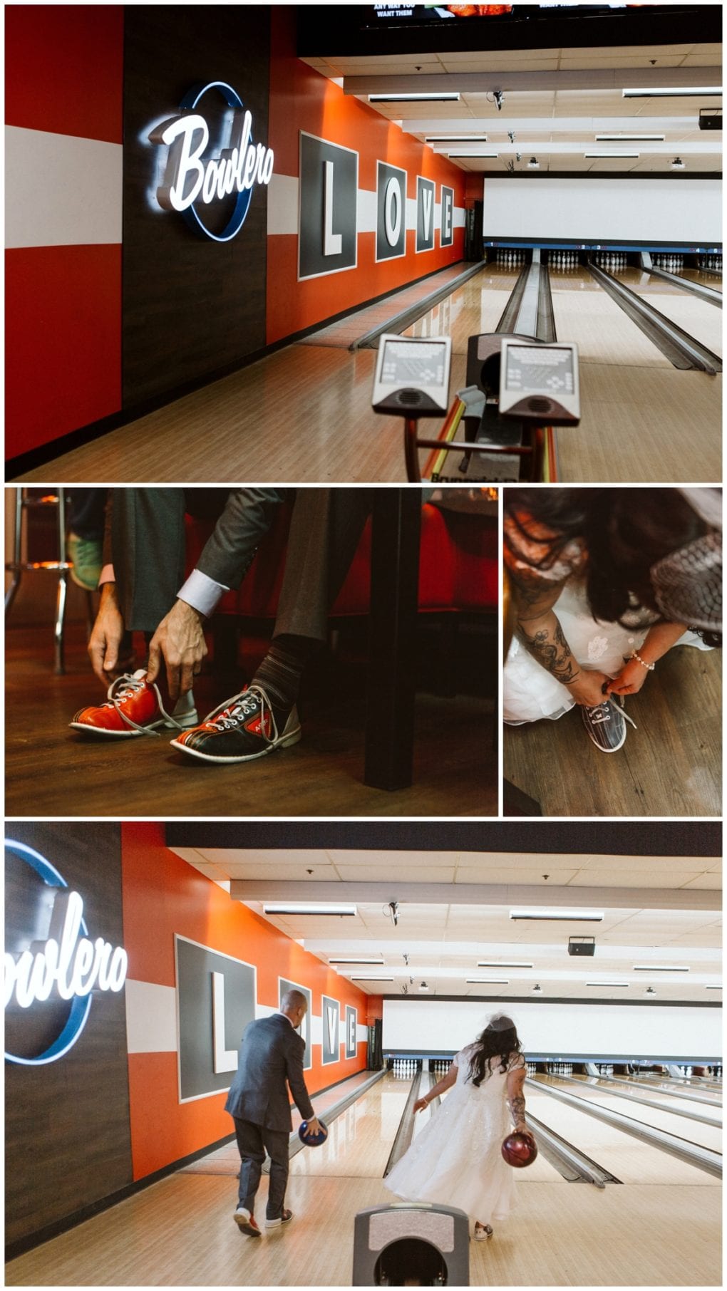 Premier snohomish & seattle wedding photographer | gsquared weddings photography a bride and groom at a bowlero bowling alley in snohomish near seattle put on bowling shoes and walk toward the lanes together The wall displays bowlero and love in large lettersa fun wedding engagement moment | serving snohomish seattle                   & beyond