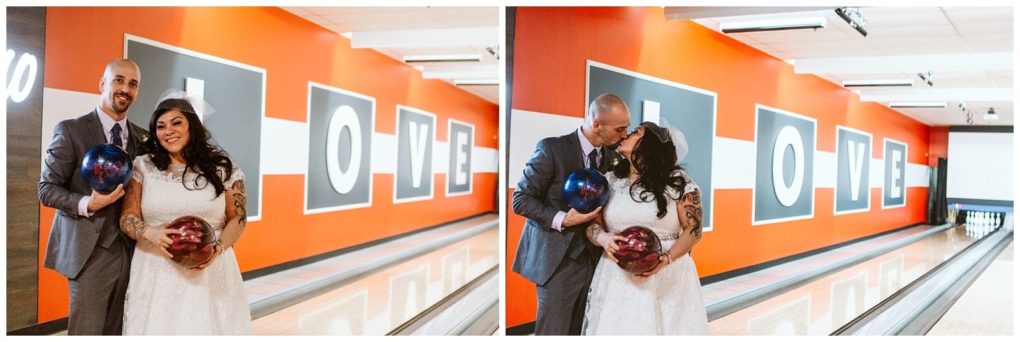 Premier snohomish & seattle wedding photographer | gsquared weddings photography a bride and groom stand in a snohomish bowling alley with orange walls spelling love The bride holds a pink bowling ball and wears a tiara the groom holds a blue ball Perfect for a quirky seattle wedding or engagement shoot | serving snohomish seattle                   & beyond