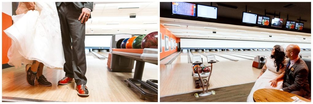 Premier snohomish & seattle wedding photographer | gsquared weddings photography a snohomish bride and groom in wedding attire wear bowling shoes at a bowling alley with the brides dress lifted to show her shoes as the couple sits together by the lanes for their seattle wedding engagement | serving snohomish seattle                   & beyond
