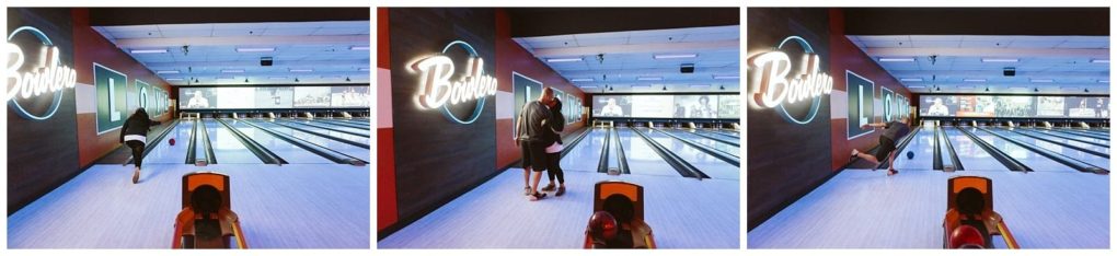 Premier snohomish & seattle wedding photographer | gsquared weddings photography three photos show people bowling in a modern neon lit bowling alley near snohomish Each person is in mid action rolling a ball down the lane toward the pins under bright lightsa fun spot for seattle wedding or engagement celebrations | serving snohomish seattle                   & beyond