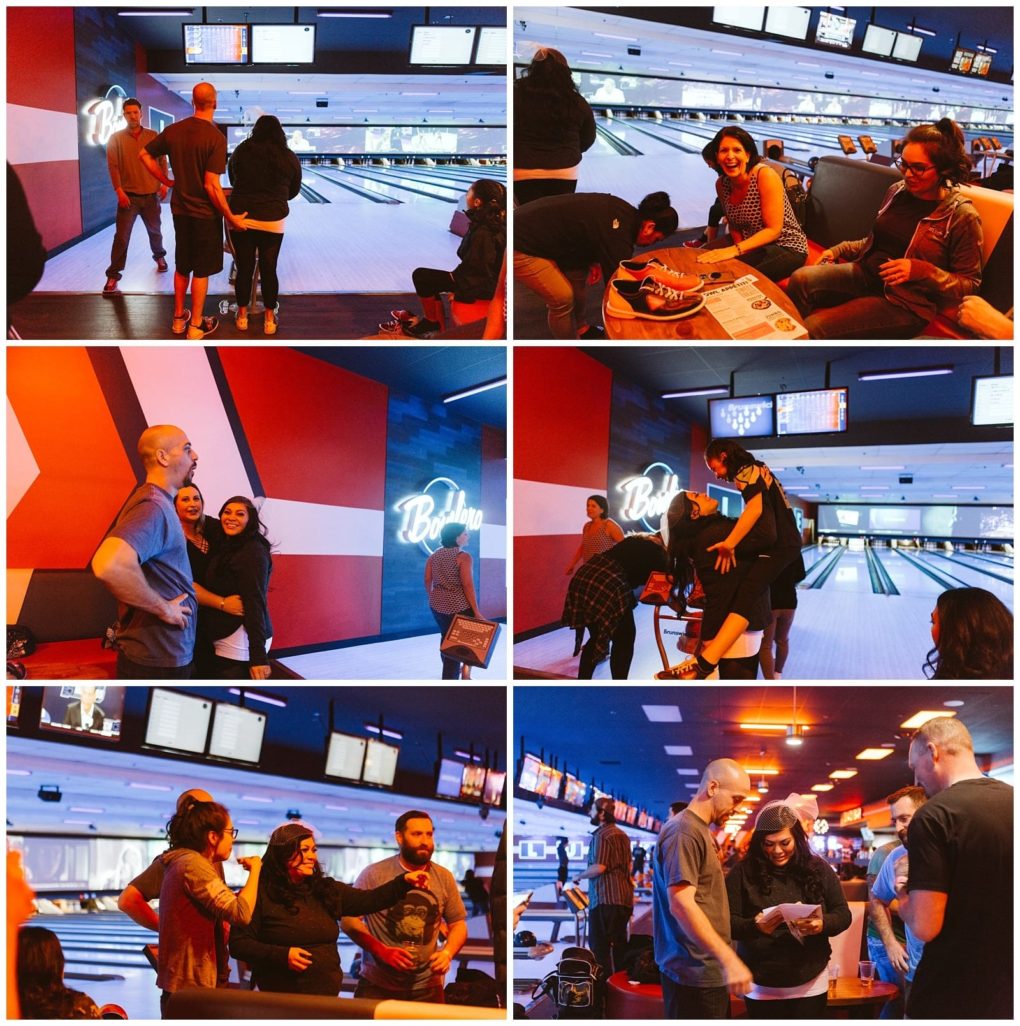 Premier snohomish & seattle wedding photographer | gsquared weddings photography a collage of six photos shows people socializing and bowling at a lively colorful snohomish setting Groups gather near the lanessome bowl others chat smile and look at score sheetscapturing fun moments perfect for seattle wedding or engagement celebrations | serving snohomish seattle                   & beyond