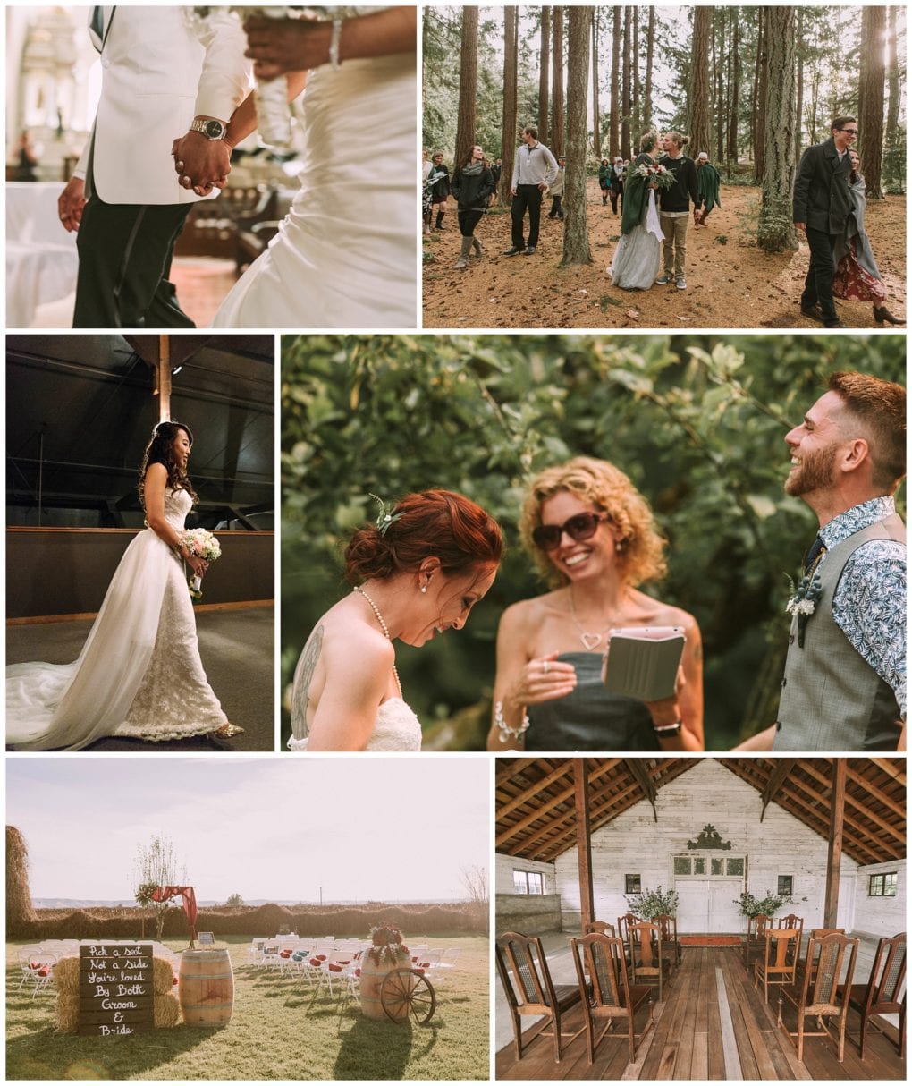 Premier snohomish & seattle wedding photographer | gsquared weddings photography a collage of snohomish wedding scenes couples holding hands guests walking in a forest a bride in a gown people laughing an outdoor ceremony setup and a rustic barn decorated for the event | serving snohomish seattle                   & beyond