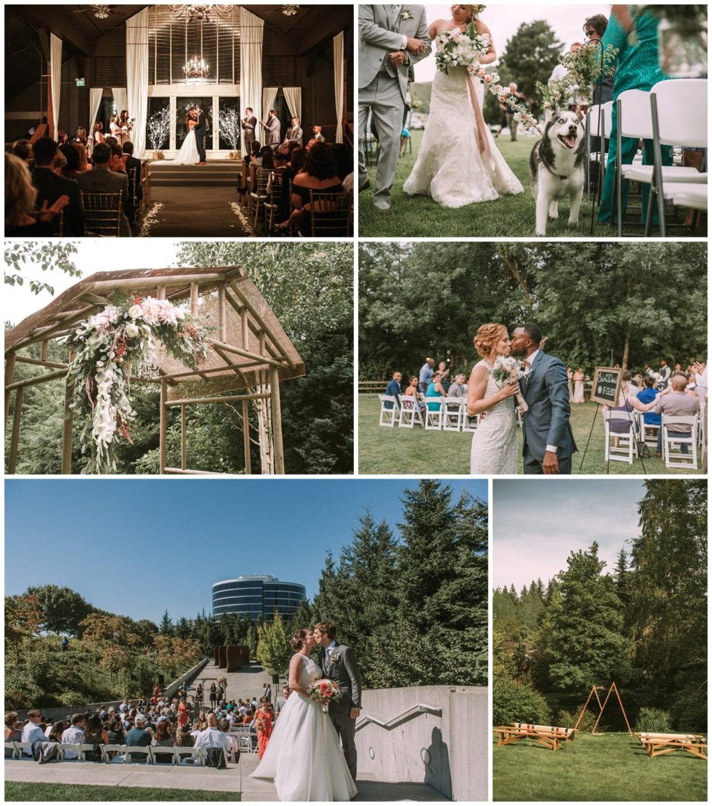 Premier snohomish & seattle wedding photographer | gsquared weddings photography a collage of snohomish and seattle wedding scenes including a ceremony indoors couples walking outdoors floral decorations a kissing couple outdoor seating and a bride and groom posing in a garden under a clear sky | serving snohomish seattle                   & beyond