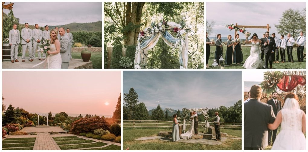 Premier snohomish & seattle wedding photographer | gsquared weddings photography a collage of outdoor snohomish wedding scenes including couples exchanging vows under floral arches wedding parties smiling and a landscaped garden at sunset all set against scenic natural backdrops near seattle | serving snohomish seattle                   & beyond