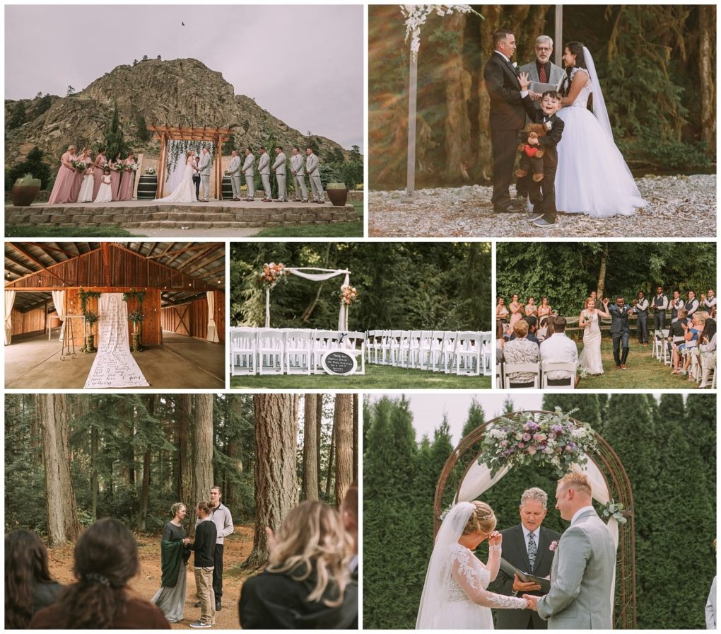 Premier snohomish & seattle wedding photographer | gsquared weddings photography a collage of outdoor and rustic snohomish wedding scenes including ceremonies decorated aisles guests seated among trees and a couple exchanging vows under floral arches in natural settings near seattle | serving snohomish seattle                   & beyond