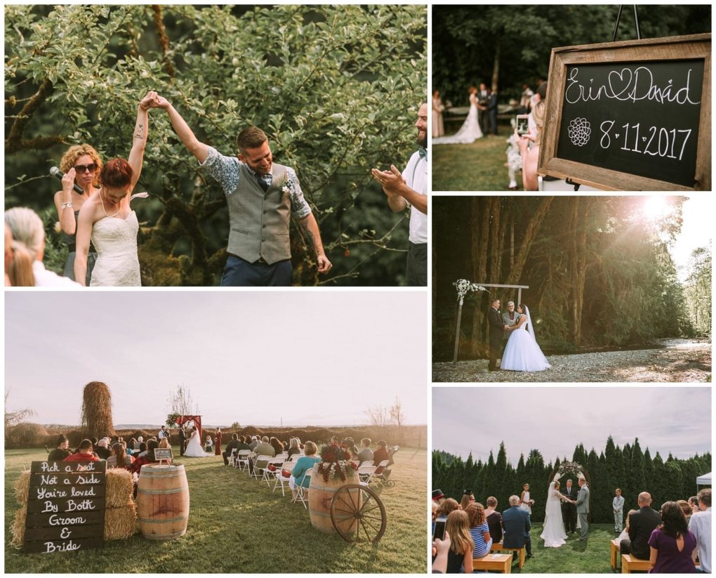 Premier snohomish & seattle wedding photographer | gsquared weddings photography a collage of outdoor snohomish wedding photos shows a bride and groom celebrating exchanging vows under an arch a chalkboard with erin ♥ david 8 11 2017 and guests seated on a lawn surrounded by nature and wine barrels | serving snohomish seattle                   & beyond