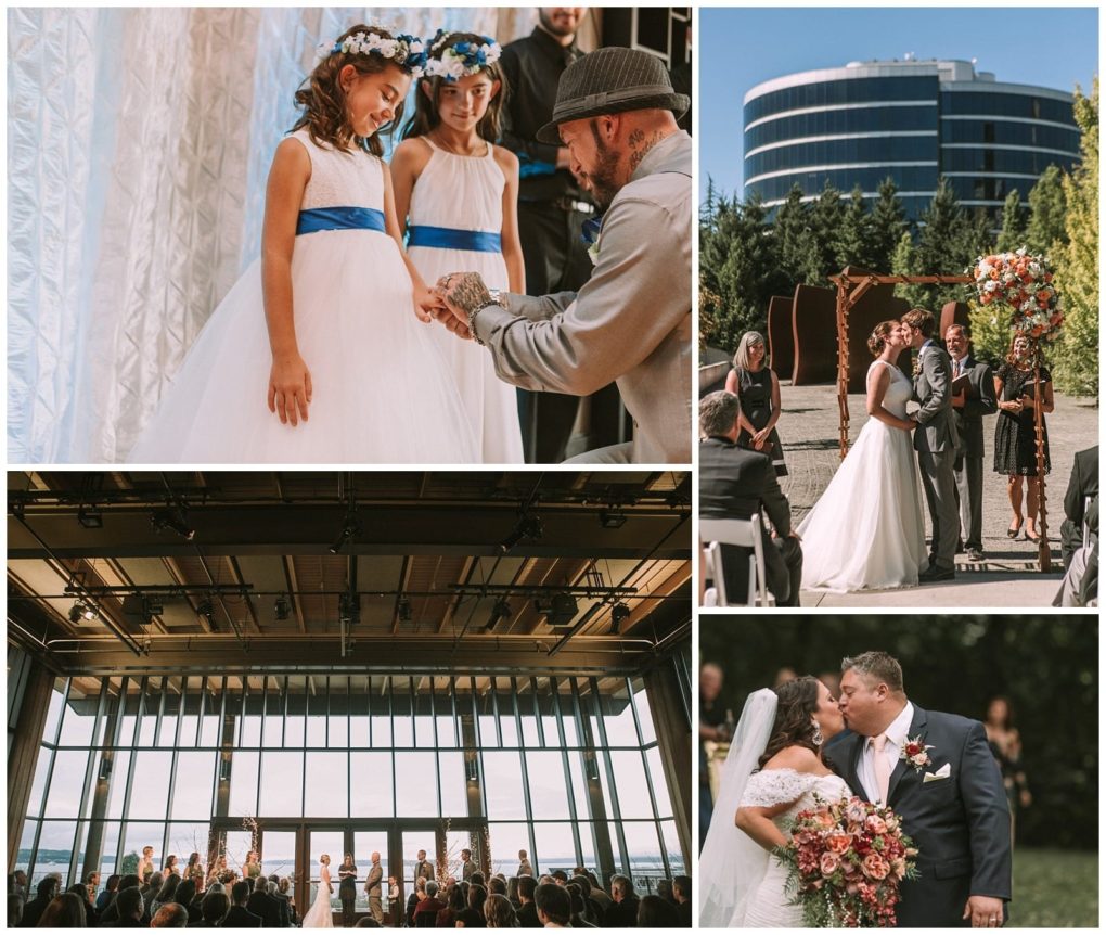 Premier snohomish & seattle wedding photographer | gsquared weddings photography a collage of snohomish wedding scenes flower girls with blue sashes a man tying a ribbon a couple kissing outdoors the bride and groom holding flowers and a ceremony in a large modern hall with big windows near seattle | serving snohomish seattle                   & beyond