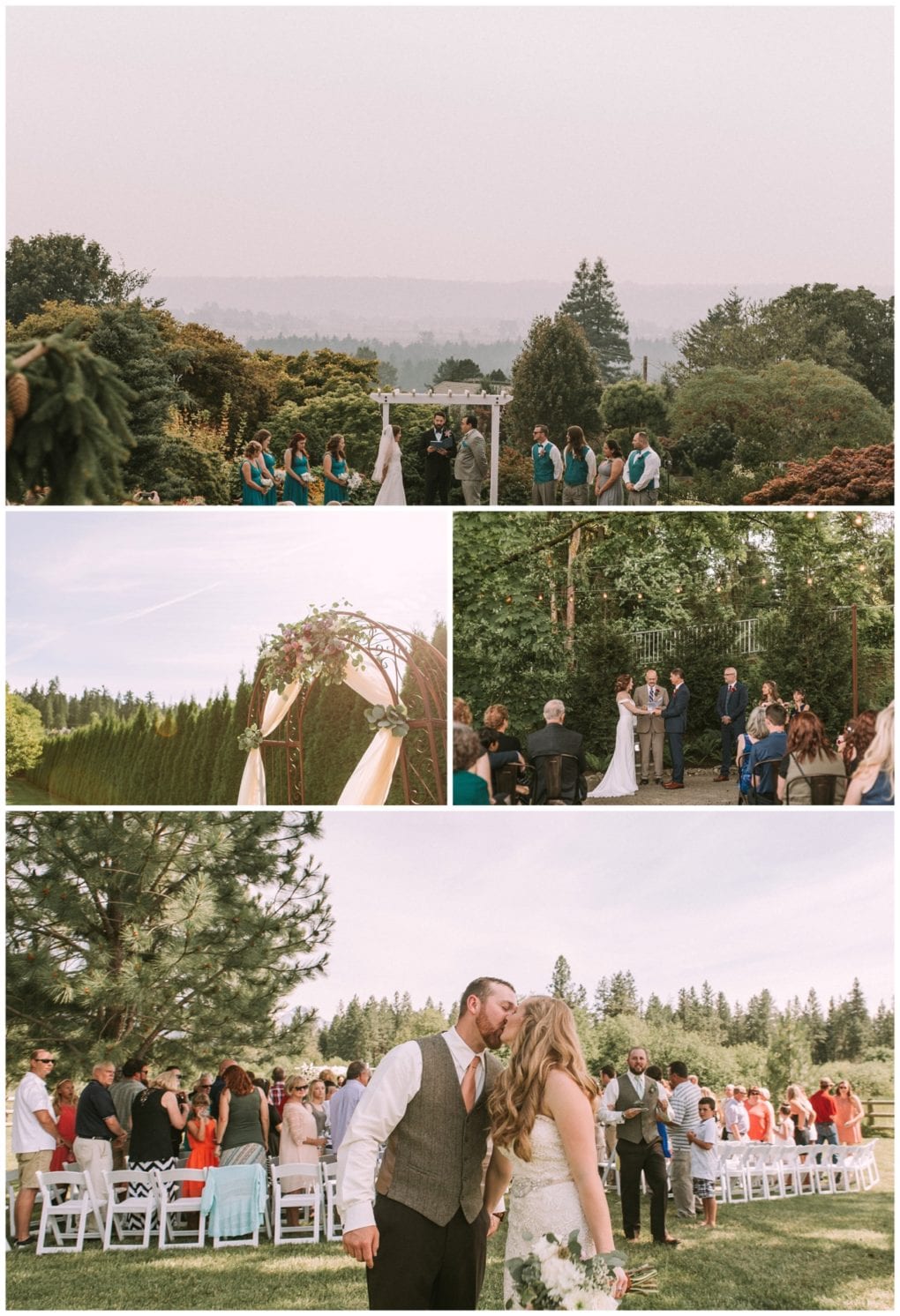 Premier snohomish & seattle wedding photographer | gsquared weddings photography a collage of four outdoor snohomish wedding scenes showing a couple exchanging vows guests seated on white chairs lush greenery in the background and the couple sharing a kiss while walking down the aisle | serving snohomish seattle                   & beyond