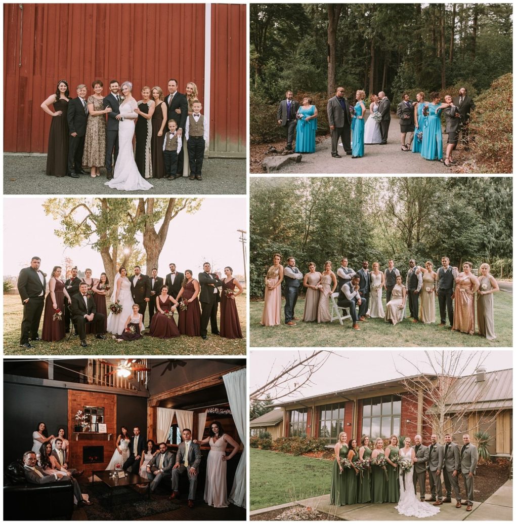 Premier snohomish & seattle wedding photographer | gsquared weddings photography a collage of six snohomish wedding party photos showcases the bride groom bridesmaids groomsmen and family posing together in various outdoor and indoor settings around seattle with different attire and backgrounds | serving snohomish seattle                   & beyond