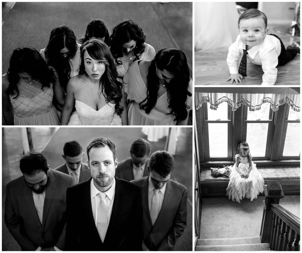 Premier snohomish & seattle wedding photographer | gsquared weddings photography a collage of black and white snohomish wedding photos a bride with bridesmaids a groom with groomsmen a baby in a tie and a young girl in a dress sitting on a window seat | serving snohomish seattle                   & beyond