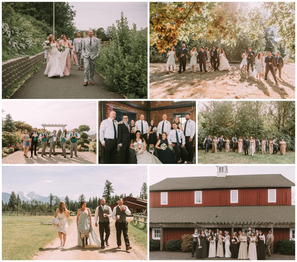 Premier snohomish & seattle wedding photographer | gsquared weddings photography a collage of snohomish wedding party photos features a bride groom bridesmaids and groomsmen posing and walking outdoors in gardens grassy fields and in front of a rustic red barn on a sunny day | serving snohomish seattle                   & beyond