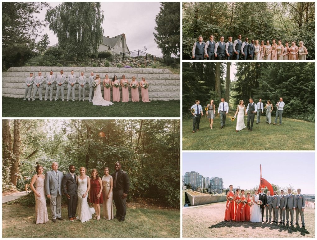 Premier snohomish & seattle wedding photographer | gsquared weddings photography a collage of five snohomish wedding photos features a bride groom bridesmaids in pink dresses and groomsmen in grey suits posing outdoors with lush greenery and a seattle cityscape in the background | serving snohomish seattle                   & beyond