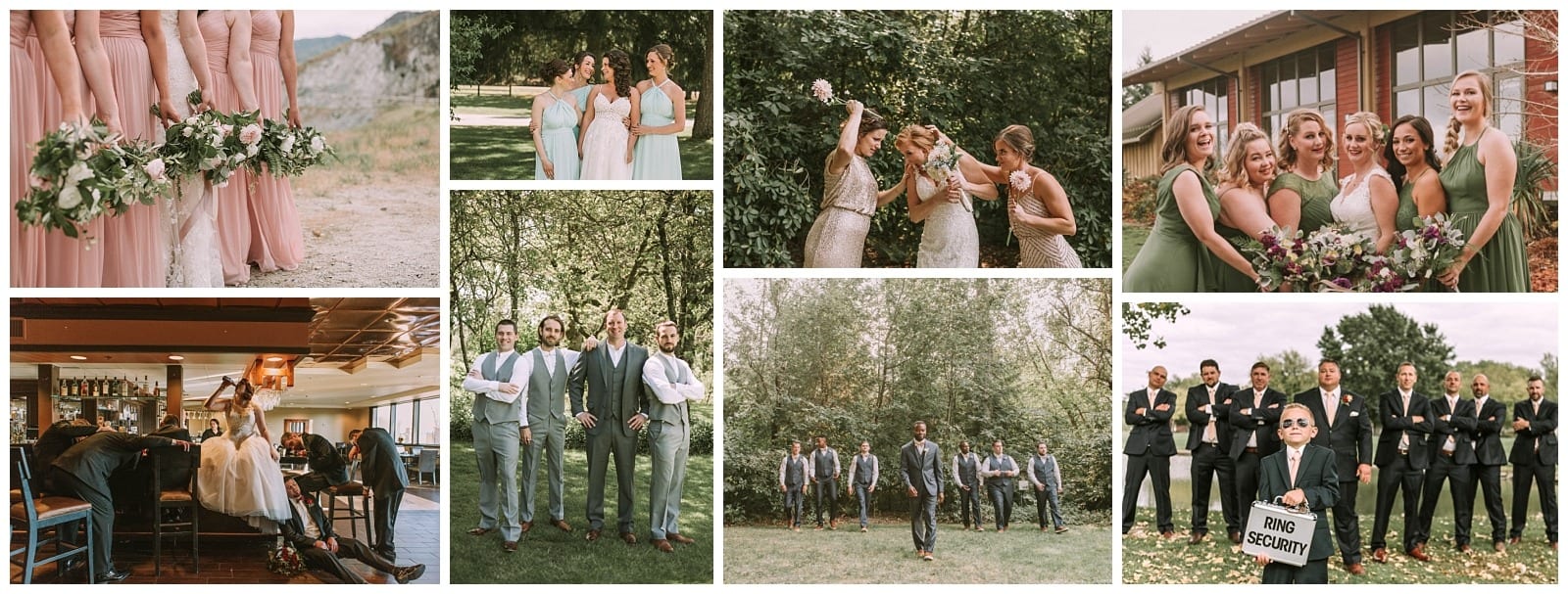 Premier Snohomish & Seattle Wedding Photographer | GSquared Weddings Photography A collage of Snohomish Seattle wedding party photos features bridesmaids in blush dresses, groomsmen in grey suits, playful moments, outdoor group shots, and a young boy in sunglasses holding a “Ring Security” briefcase.                                   | Serving Snohomish, Seattle ,                  & Beyond