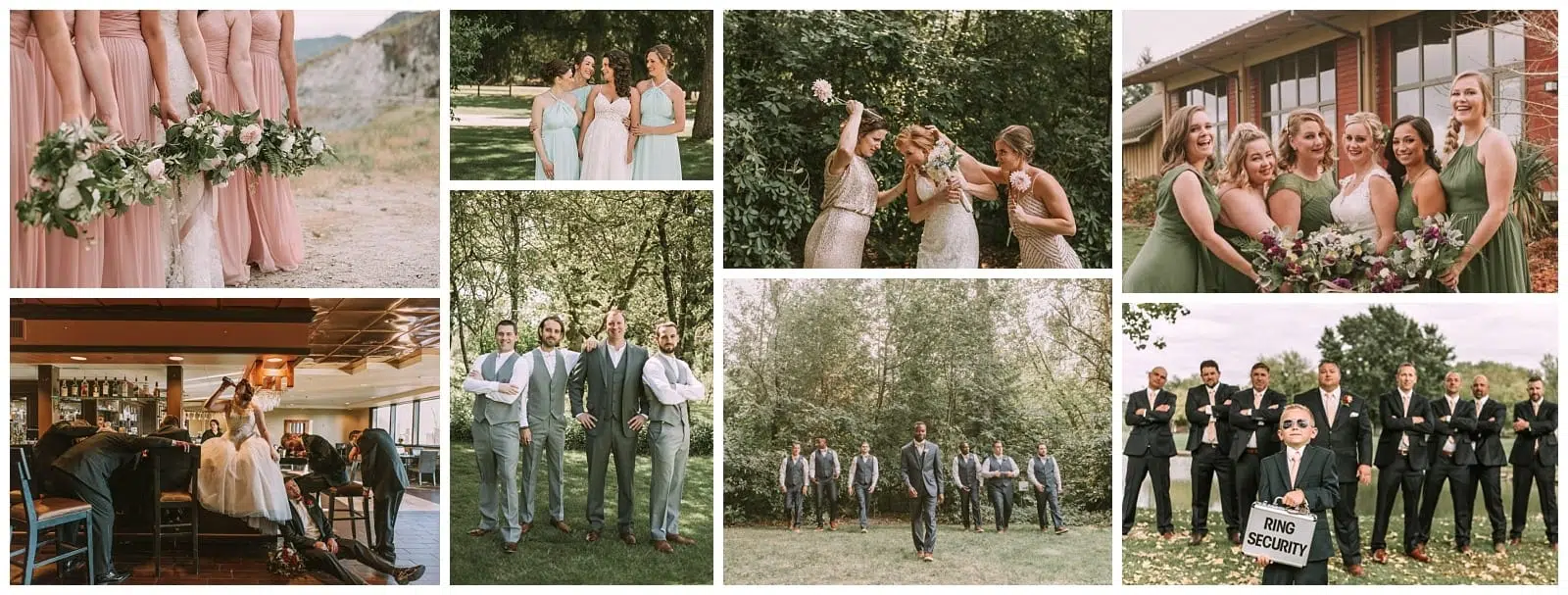 Premier Snohomish & Seattle Wedding Photographer | GSquared Weddings Photography A collage of Snohomish Seattle wedding party photos features bridesmaids in blush dresses, groomsmen in grey suits, playful moments, outdoor group shots, and a young boy in sunglasses holding a “Ring Security” briefcase. 47.9129° N, 122.0982° W | Serving Snohomish, Seattle , Orlando & Beyond