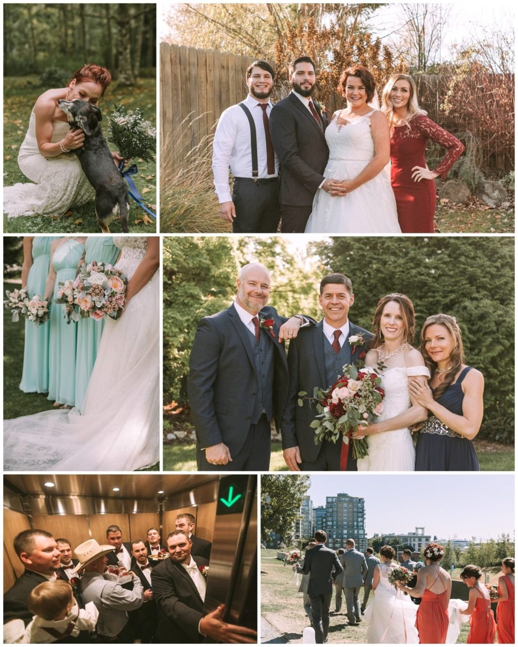 Premier snohomish & seattle wedding photographer | gsquared weddings photography a collage captures snohomish wedding moments a bride with her dog family portraits bridesmaids holding bouquets groomsmen in an elevator and the wedding party walking outdoors on a sunny day | serving snohomish seattle                   & beyond