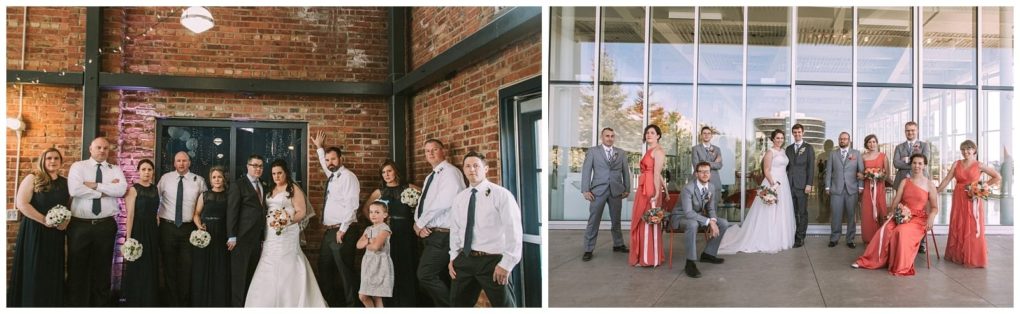 Premier snohomish & seattle wedding photographer | gsquared weddings photography two wedding party photos side by side left shows a group in formal attire against an indoor brick wall right features the same group by large windowsan elegant snohomish seattle wedding with bridesmaids in coral and groomsmen in grey | serving snohomish seattle                   & beyond