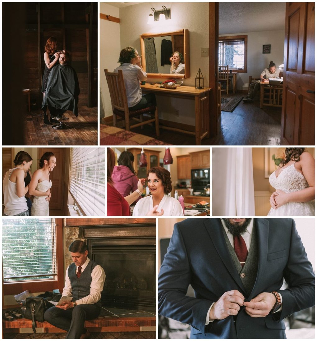 Premier snohomish & seattle wedding photographer | gsquared weddings photography a collage of candid moments as a snohomish wedding couple gets ready haircuts makeup dressing tying ties and a pregnant woman in a wedding dress all in cozy warmly lit rooms | serving snohomish seattle                   & beyond
