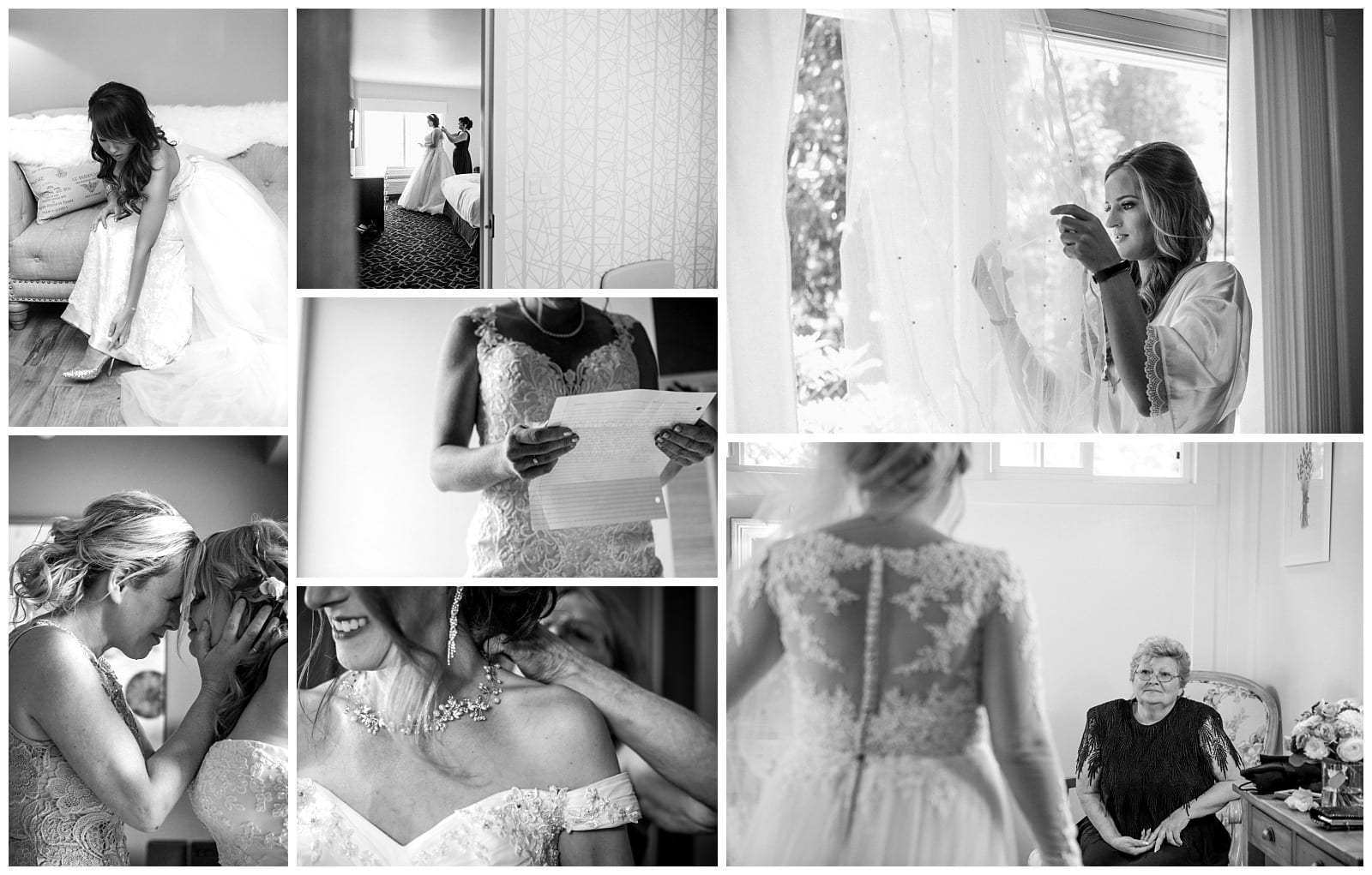 Premier Snohomish & Seattle Wedding Photographer | GSquared Weddings Photography A collage of black-and-white photos captures a Snohomish bride getting ready: having her dress adjusted, reading a letter, touching her veil by a window, sharing moments with loved ones, and an older woman watching—moments before her Seattle wedding.                                   | Serving Snohomish, Seattle ,                  & Beyond