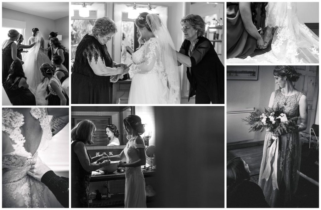 Premier snohomish & seattle wedding photographer | gsquared weddings photography a collage of six black and white photos captures a snohomish seattle wedding showing a bride getting ready with help from family and friendsdressing adjusting her veil holding hands and admiring her bouquet | serving snohomish seattle                   & beyond
