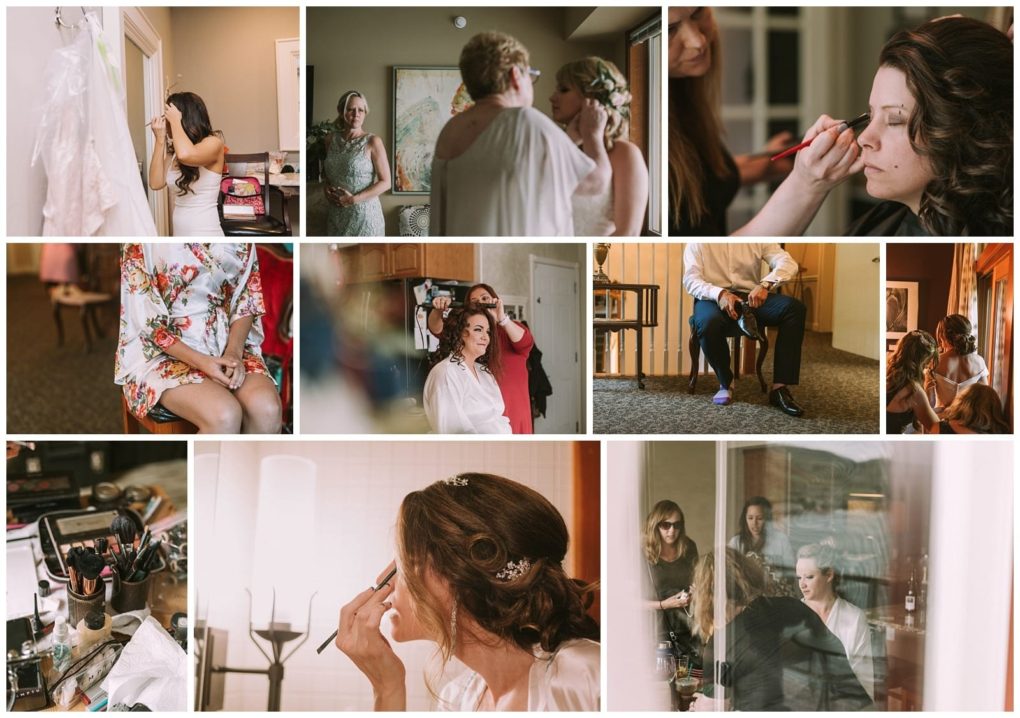Premier snohomish & seattle wedding photographer | gsquared weddings photography a collage of candid snohomish wedding preparation scenes including women applying makeup styling hair and getting dressed with beauty products and dresses visible in a cozy indoor setting | serving snohomish seattle                   & beyond