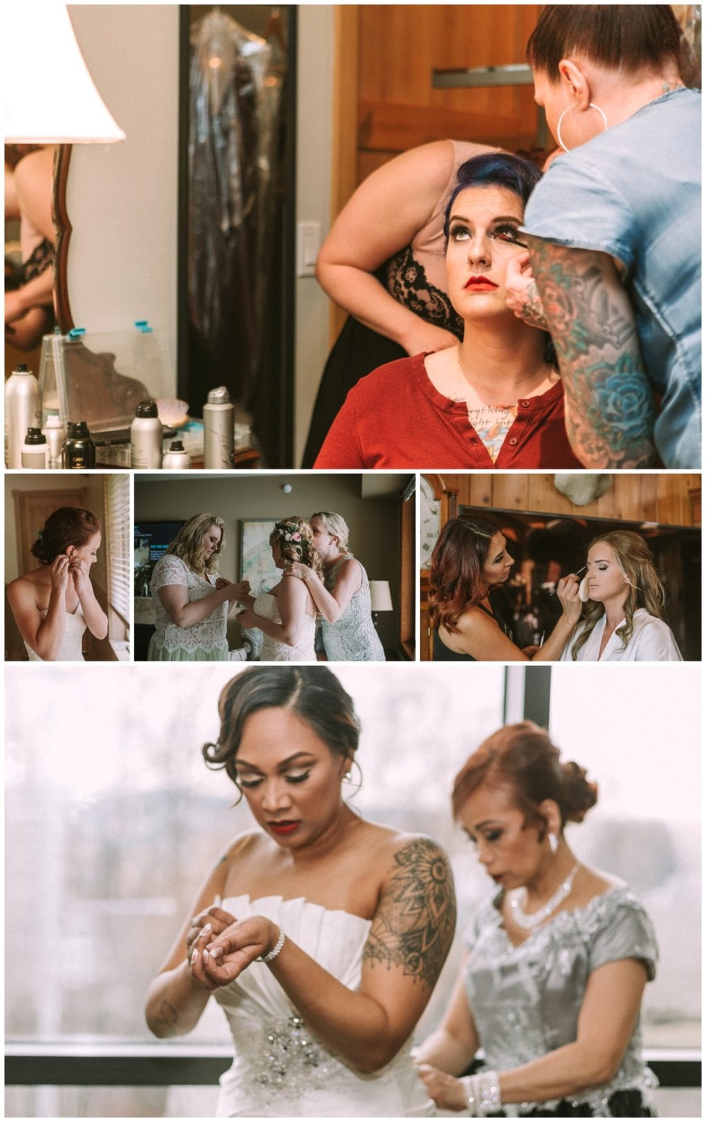 Premier snohomish & seattle wedding photographer | gsquared weddings photography a collage of women getting ready for a snohomish wedding makeup artists applying makeup women helping each other with jewelry and a bride in a white dress being assisted by another woman before her seattle engagement | serving snohomish seattle                   & beyond