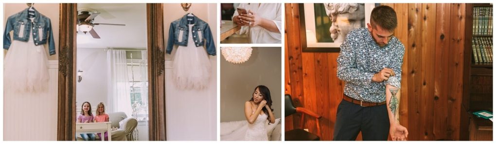 Premier snohomish & seattle wedding photographer | gsquared weddings photography a collage shows a childs dress and denim jacket hanging on a mirror two girls sitting on a couch a bride in snohomish adjusting her veil while holding her phone and a man rolling up his sleeve to reveal a tattoo | serving snohomish seattle                   & beyond