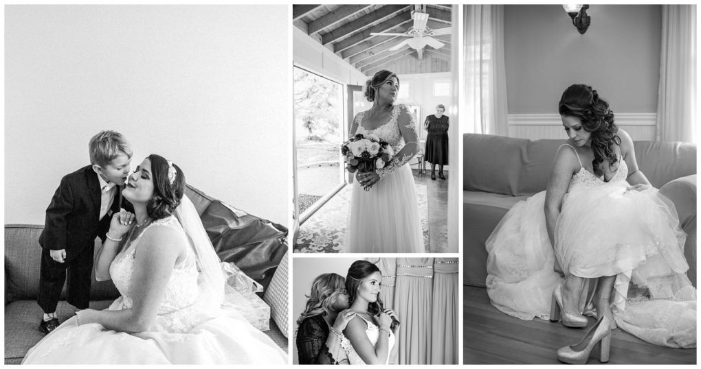 Premier snohomish & seattle wedding photographer | gsquared weddings photography a collage of four black and white snohomish wedding photos a bride kisses a young boy poses with a bouquet puts on shoes and has her dress adjusted by another woman Perfect inspiration for your seattle engagement and big day | serving snohomish seattle                   & beyond