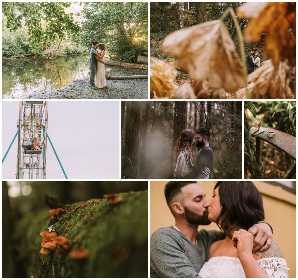 Premier snohomish & seattle wedding photographer | gsquared weddings photography a collage of romantic and nature themed photos a snohomish seattle wedding engagement couple embracing by a pond close ups of dried leaves a ring on a rail mushrooms on moss a ferris wheel and the couple kissing in the forest and outdoors | serving snohomish seattle                   & beyond