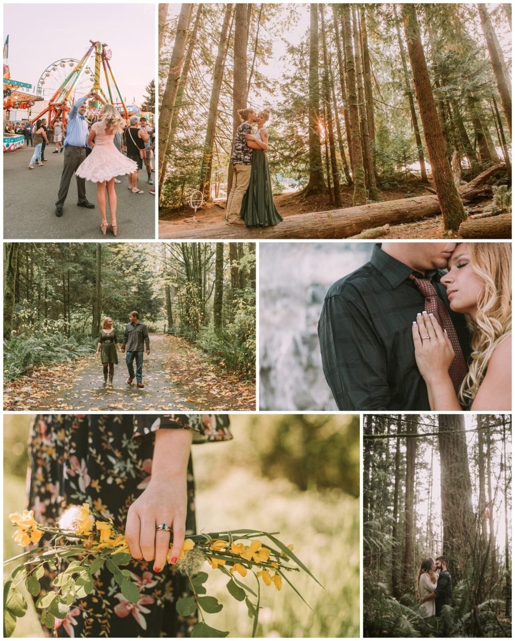 Premier snohomish & seattle wedding photographer | gsquared weddings photography a collage of romantic couples in various outdoor and forest settings near snohomish seattle including walking embracing and dancing with one photo of a hand holding yellow flowers that highlights a beautiful engagement ring | serving snohomish seattle                   & beyond