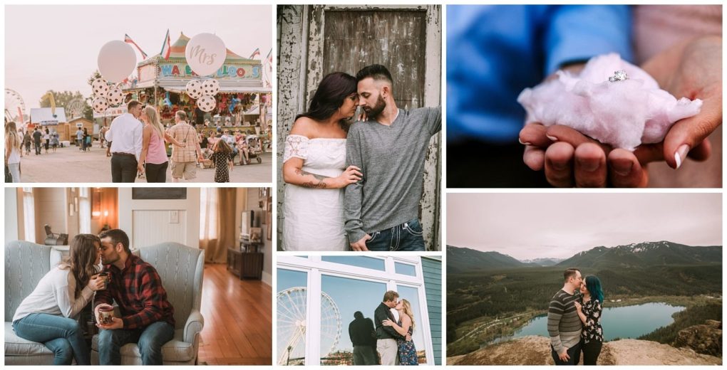 Premier snohomish & seattle wedding photographer | gsquared weddings photography a collage of six romantic couple photos walking at a fair posing outdoors showing off an engagement ring on cotton candy cuddling on a couch kissing on a balcony and embracing with mountains near snohomish seattle | serving snohomish seattle                   & beyond