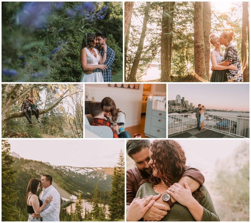 Premier snohomish & seattle wedding photographer | gsquared weddings photography a collage of seven photos showing a couple in various outdoor and indoor settings capturing their snohomish seattle wedding engagement embracing in forests sitting in a tree cozy indoors and posing on a balcony with city skyline and mountains | serving snohomish seattle                   & beyond
