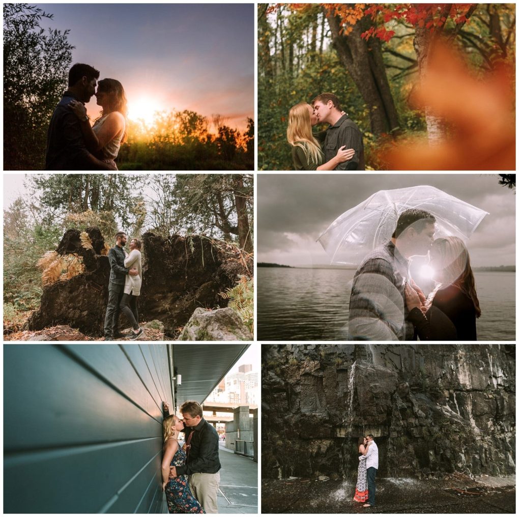 Premier snohomish & seattle wedding photographer | gsquared weddings photography a collage of six romantic couple photos in various outdoor and urban settingssunset forest lakeside with an umbrella against a wall and near a waterfallshowing affectionate moments from snohomish and seattle wedding engagement sessions | serving snohomish seattle                   & beyond