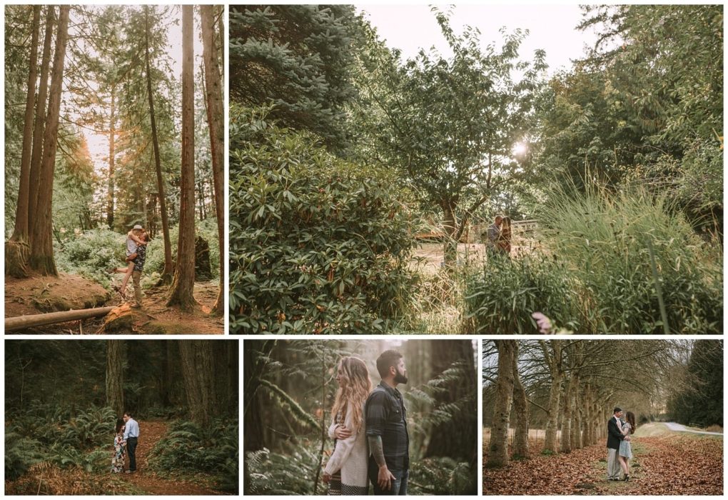 Premier snohomish & seattle wedding photographer | gsquared weddings photography a collage of five outdoor photos shows a couple walking embracing and exploring together in a forest and park near snohomish surrounded by tall trees greenery and natural lightperfect for a seattle wedding engagement | serving snohomish seattle                   & beyond
