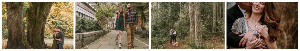 Premier snohomish & seattle wedding photographer | gsquared weddings photography a collage of four photos showing a couple embracing outdoors in various natural settings near snohomish with lush greenery and trees and one photo including a small dogperfect for seattle wedding or engagement inspiration | serving snohomish seattle                   & beyond