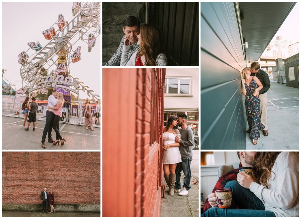 Premier snohomish & seattle wedding photographer | gsquared weddings photography a collage of seven photos shows a couple in various settingsat a carnival against brick and blue walls sharing coffee indoors and enjoying affectionate moments together in casual and urban environmentscapturing their snohomish seattle engagement | serving snohomish seattle                   & beyond