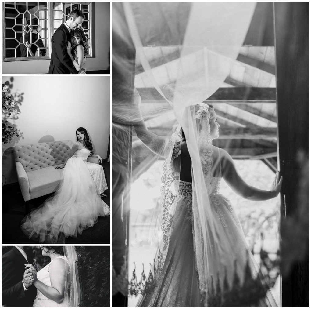 Premier snohomish & seattle wedding photographer | gsquared weddings photography a collage of black and white snohomish seattle wedding photos shows a bride in a gown and veil alone and with a groom posing indoors and standing in sunlight at an open doorway with moments of embrace and quiet reflection | serving snohomish seattle                   & beyond