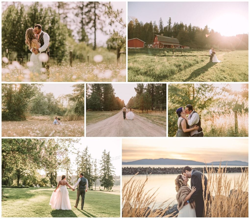 Premier snohomish & seattle wedding photographer | gsquared weddings photography a collage of snohomish seattle wedding photos shows a couple embracing walking and dancing in fields near a barn on a rural road and by the water at sunset all surrounded by nature and soft sunlight | serving snohomish seattle                   & beyond