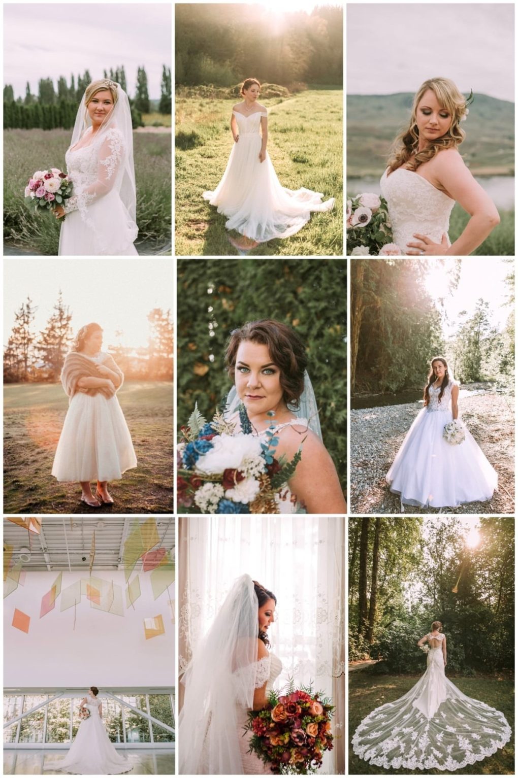 Premier snohomish & seattle wedding photographer | gsquared weddings photography a collage of nine photos shows brides in various wedding dresses and settings around snohomish and seattle including outdoor landscapes gardens and indoor venues all holding bouquets or posing gracefully in their wedding attire | serving snohomish seattle                   & beyond