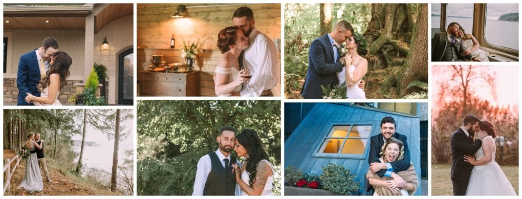 Premier snohomish & seattle wedding photographer | gsquared weddings photography a collage of eight romantic snohomish and seattle wedding engagement photos showing different couples embracing kissing or smiling together in various outdoor and indoor settings like forests a kitchen by water and at sunset | serving snohomish seattle                   & beyond