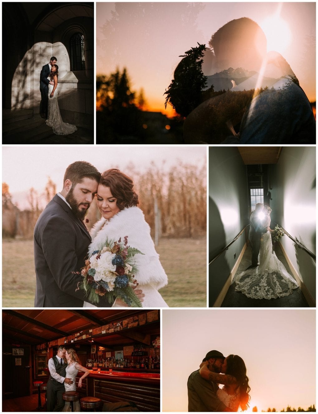 Premier snohomish & seattle wedding photographer | gsquared weddings photography a collage of six snohomish wedding photos featuring a bride and groom in various romantic poses both outdoors at sunset and indoors in locations like a hallway a bar and near arched windows | serving snohomish seattle                   & beyond